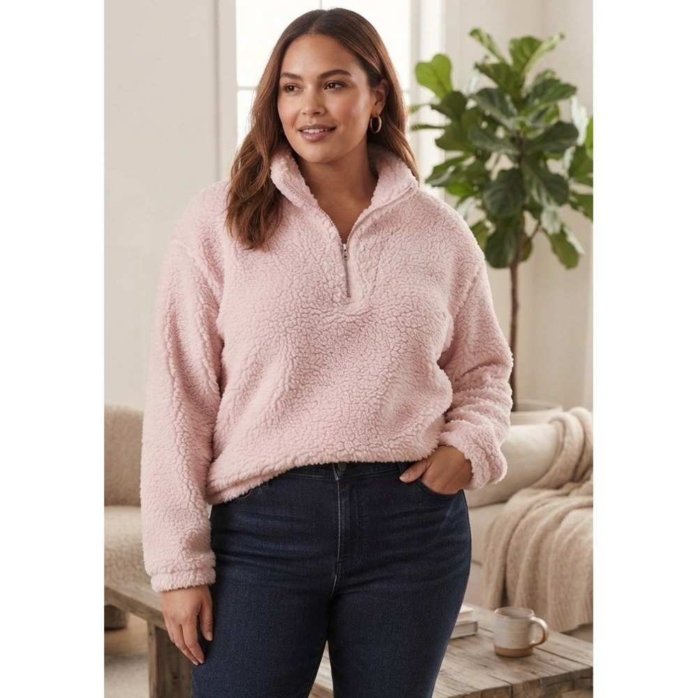 Bobbie Brooks Quarter Zip Sherpa Fleece Women's 2X Pink Relaxed Pullover Soft